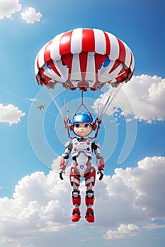 little cybernetic child robot is gliding in the sky with a white parachute with red stripes
