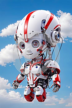 little cybernetic child robot is gliding in the sky with a white parachute with red stripes