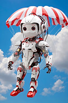 little cybernetic child robot is gliding in the sky with a white parachute with red stripes