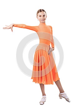 Little dancer girl in beautiful ballroom dress.