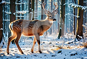 little dappled deer in winter forest. Generative AI