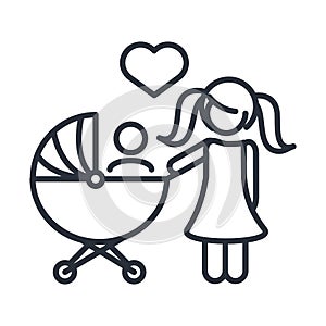 Little daughter with baby in pram family day, icon in outline style