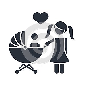 Little daughter with baby in pram family day, icon in silhouette style