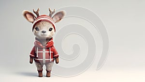 Little deer in Christmas red costume, children's illustration, isolated on neutral white background