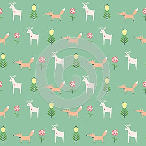 Little deer with fox and spring flowers seamless pattern on green background.