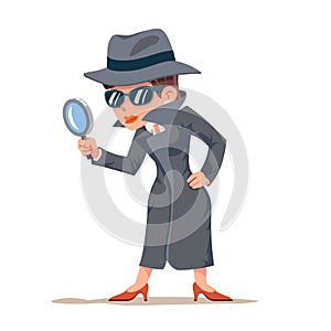 Little detective woman snoop magnifying glass tec search help female cartoon character design isolated vector