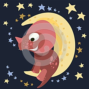 Little dinosaur cub sits on the moon. Starry night sky . Cheerful kind animal baby dino. Cartoons flat style