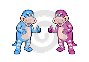Two color versions of a little dinosaur mascot photo