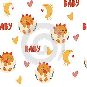 Little dinosaur seamless pattern. Cute little dinosaur in egg, hearts, moon and lettering. Print for fabric, textile, apparel,