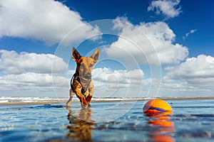 Little dog at the beach playing with a ball in the water