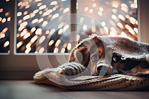 Little dog hides under a blanket during fireworks outside the window.