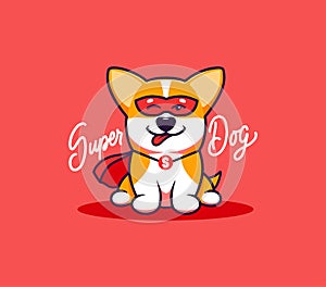 A little dog, logo with text Super Dog. Funny corgi cartoon character