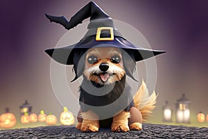 Little dog wearing witch hat sitting alone