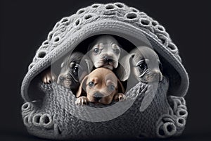 Little dogs in a crocheted basket. Puppies are looking directly at the camera. Lovely illustration with animals.