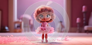 little doll in a pink dress with pink hair in a pink ballroom