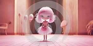 little doll in a pink dress with pink hair in a pink ballroom