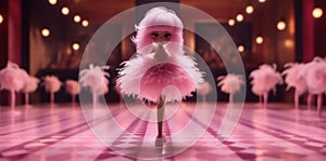 little doll in a pink dress with pink hair in a pink ballroom