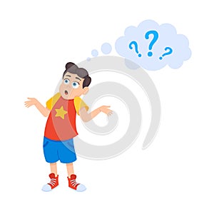 Little doubt boy kid asking question flat style design vector illustration isolated on white background.