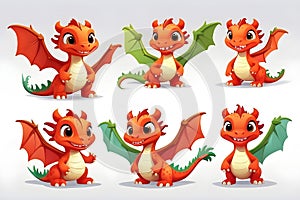 little dragon cartoon character set in different multiple poses, children\'s book illustration style. isolated on a white