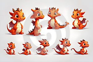 little dragon cartoon character set in different multiple poses, children\'s book illustration style. isolated on a white