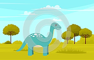 Little Dragon yellow cute cartoon character. Funny ancient animal in green meadow flat vector icon