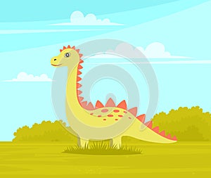 Little Dragon yellow cute cartoon character. Funny ancient animal in green meadow flat vector icon