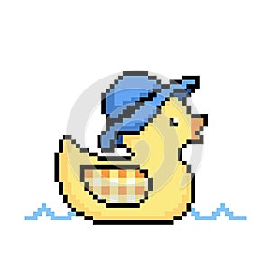 Little duck pixels swimming on the water wearing a hat.