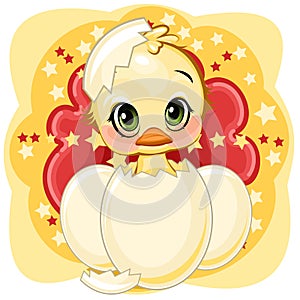 A little duckling hatched from an egg. Funny chick. Cute and funny baby bird. The isolated object on a white background