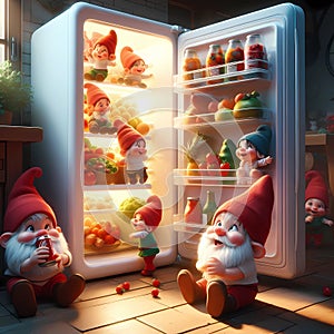 little dwarfs feasting on fridge food