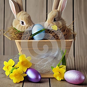 2 Little Easter Bunnies in a pot and Easter and eggs
