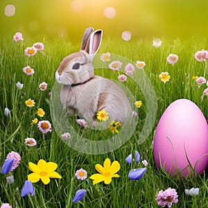 Little Easter bunny and Easter eggs on green grass