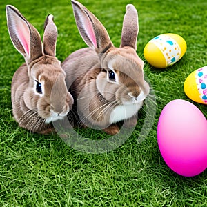 Little Easter bunny and Easter eggs on green grass