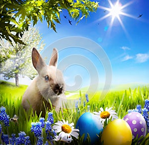 Art Little Easter bunny and Easter eggs on green grass photo