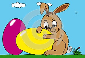 Little Easter bunny holds two colorful eggs