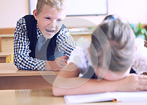 Little elementary school student boy tries to disturb the girl during the lesson. Boy tries to reach the girl`s back