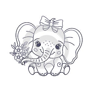 Little elephant. Black and white linear drawing. Vector