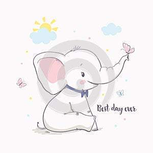 Little elephant with butterfly. Vector illustration for kids
