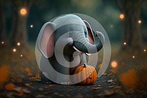Little Elephant with a Cute Little Halloween Pumpkin