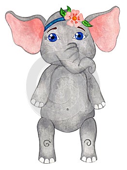 Little elephant girl with a flower bandage on her head and big blue eyes.