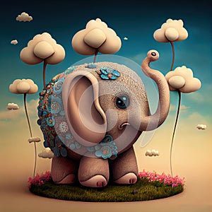 The little elephant plays with its trunk with the flowers - Generate Artificial Intelligente - AI