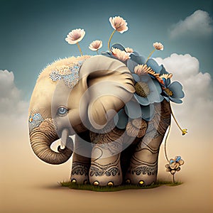 The little elephant plays with its trunk with the flowers - Generate Artificial Intelligente - AI photo