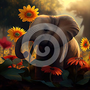 The little elephant plays with its trunk with the flowers - Generate Artificial Intelligente - AI photo