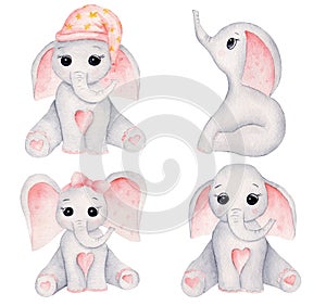 Little elephants hand drawn raster illustrations set