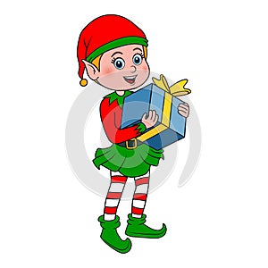 Little elf. Christmas elf holds gift box with ribbon and bow. Cute cartoon Santa Claus helper elf in costume as symbol New Year