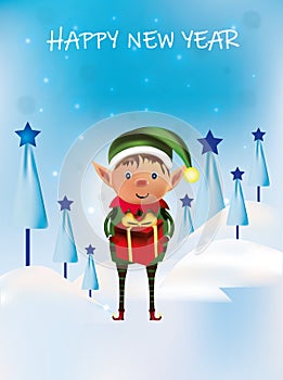 Little elf with gift present. Happy new year. Santa`s helpers. Winter, snow. Beautiful illustratin