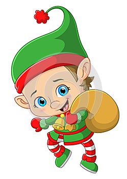 Little elf running and carrying gifts sack