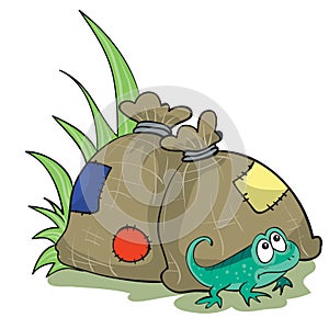 Little emerald lizard on the background of two large packed bags with color patches, cartoon illustration, isolated object on a