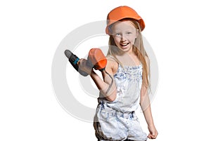Little Engineer, Little girl wearing the construction helmet, is holding a electric drill, isolated over white background