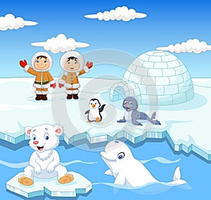 Little Eskimo kids with arctic animals and igloo house background photo