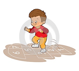 A little European boy in a burgundy sweatshirt is jumping while playing hopscotch. Vector illustration in cartoon style